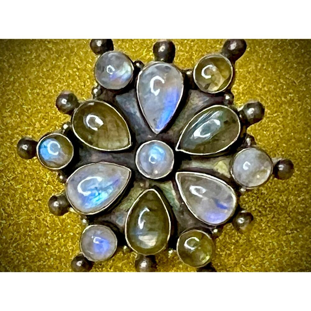 Moonstone Labradorite Sterling Silver Cluster Ring Bali Style Sz 7.75